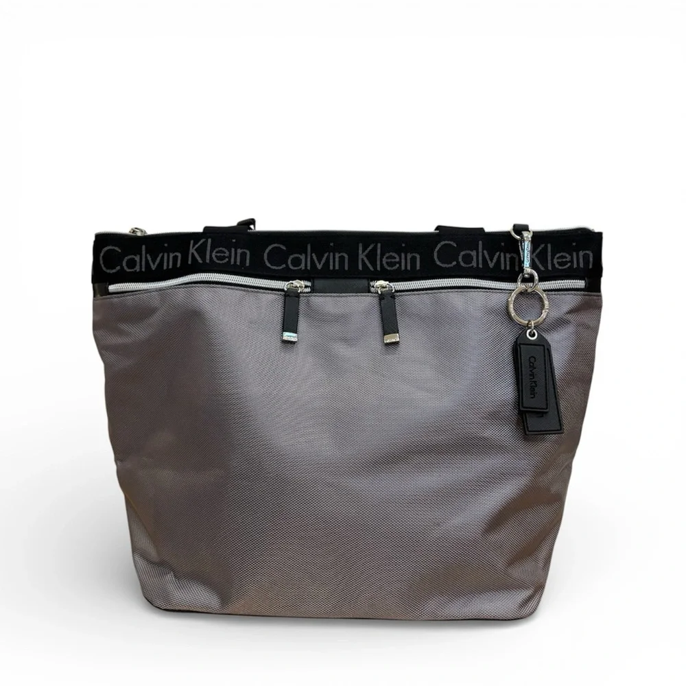 Calvin Klein Large Nylon Zip Tote Bag Gunmetal Gray Logo Straps Travel Work NEW